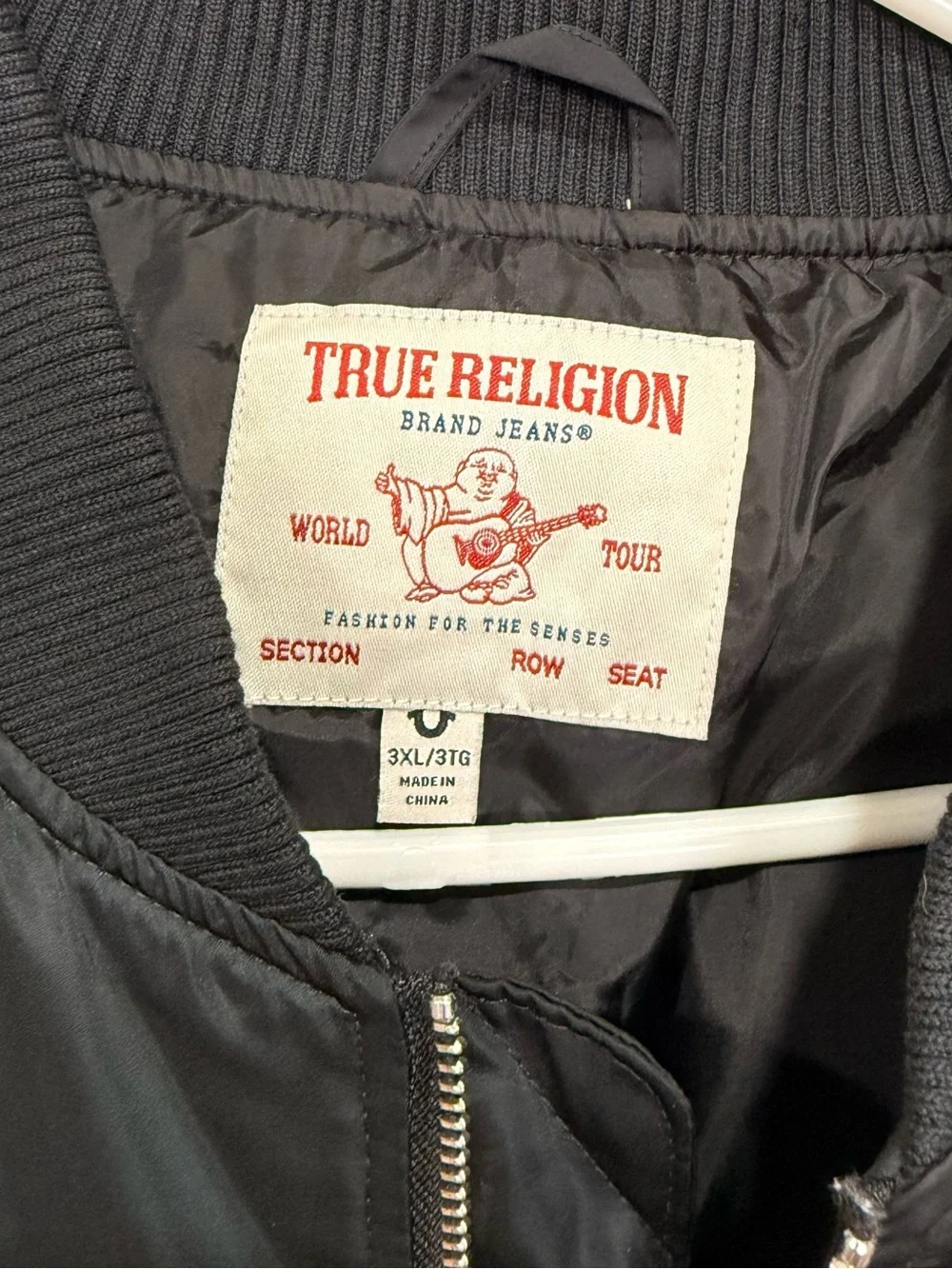 True Religion World Tour Bomber Jacket 3XL Multi-Patch Black